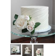 the cake is decorated with white flowers and greenery on top, along with three other cakes