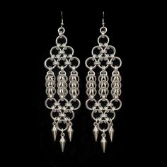 Handcrafted, Silver and Gray Aluminum, Chainmail Earrings with (alloy) Metal, mini Spikes. Length: 4.25". Chainmail With Beads, Silver Chainmail Punk Jewelry, Chainmail Earrings, Chainmail Jewelry Earrings, Luxury Chainmail Metal Jewelry, Chain Mail Earrings, Chainmaille Jewelry Patterns, Chainmail Patterns, Chainmail Jewelry