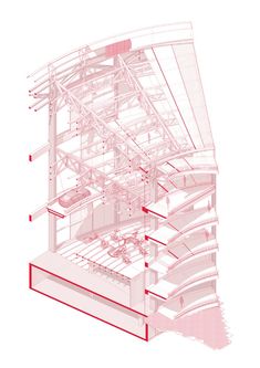 an architectural drawing of a building with red lines on the roof and sidewalls