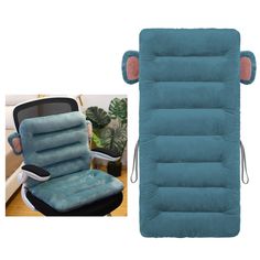 an inflatable chair cushion is shown next to a photo of a recliner