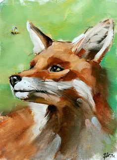 an acrylic painting of a red fox looking to its left with bees in the background