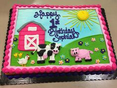 a birthday cake with farm animals on it