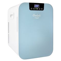 the back side of a white and blue air purificater on a white background