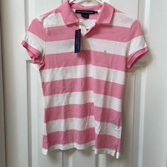 Ralph Lauren Sport Pink And White Striped Shirt Preppy Cotton Polo Shirt For Spring, Spring Preppy Fitted Polo Shirt, Fitted Preppy Polo Shirt For Spring, Spring Fitted Preppy Polo Shirt, Casual Ralph Lauren T-shirt For Spring, Ralph Lauren Casual Spring T-shirt, Casual Pink Polo Shirt For Spring, Ralph Lauren Striped Shirt For Spring, Ralph Lauren Striped Collared Tops