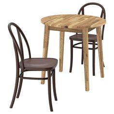 a wooden table with two chairs next to it