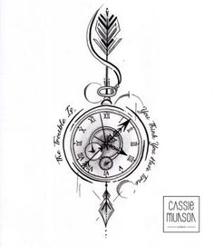 a drawing of a clock with an arrow on it's side and the words casssie munson written in cursive writing