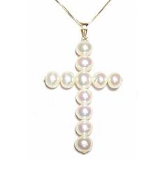 "Gorgeous genuine cultured white pearl cross pendant Pearl: top quality genuine AAA grade fresh water white pearls Pearl shape: slightly off round Pearl color: white with possible pink or cream overtones Pearl measurement: approx. 5-6mm in diameter Pendant measurement: approx. 1 3/4\" L X 1 1/8\" W Luster: high Metal: selectable: 14K solid yellow or white gold Chain sold separately. Actual pearls may vary slightly." White Cross Necklace With Pearl Pendant, White Pearl Drop Cross Pendant Jewelry, White Pearl Cross Pendant Necklace, White Cross Pendant Necklace With Pearl Drop, White Cross Jewelry With Pearl Drop, White Cross Necklace With Pearl Drop, Elegant White Cross Necklace With Pearl Pendant, White Pearl Drop Necklace With Cross Shape, White Pearl Drop Cross Necklace