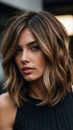 Medium Length Haircut Lowlights, Layered Lob Balayage, Brown With Babylights Blonde, Mid Length Hair With Layers Highlights, Bob Haircut With Blonde Highlights, Andrea Canning Style, Layered Mid Length Bob, Summer 24 Haircuts, Clavicle Length Haircut