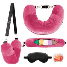 the travel set includes two neck pillows, an eye mask and several other items