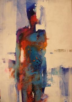 an abstract painting of a person standing in front of a building with blue, red and white colors