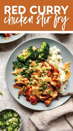 red curry chicken stir fry on a plate with rice and broccoli