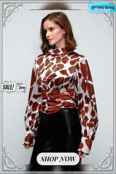 Geometric Loose Stand Collar Long Sleeve Urban Blouse Long Sleeve Tops With Abstract Print For Work, Chic Long Sleeve Blouse With Abstract Print, Brown Long Sleeve Blouse For Party, Brown Long Sleeve Party Blouse, Chic Printed Tops For Office, Spring Fitted Blouse With Abstract Print, Fitted Printed Blouse For Workwear, Fitted Brown Tops For Office, Brown Fitted Blouse For Office