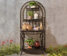 an iron shelf with plants and potted plants on it in front of a wall