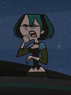 an animated image of a woman with green hair talking on a cell phone at night