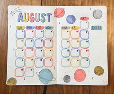 Doted Journal Ideas, Simple Bujo Themes, Bujo Yearly Spread Ideas, Journal Calendar Ideas, August Bullet Journal Cover, August Bullet Journal, Bullet Journal Cover