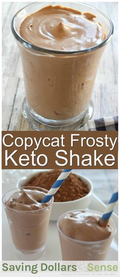 two glasses filled with chocolate frosted keto shakes and the words copycat frosty keto shake