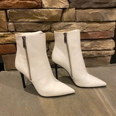 Brand New Michael Kors Keke Booties In White Size 5.5m White Closed Toe Booties For Party, White Medium Width Closed Toe Heeled Boots, Chic White Closed Toe Heeled Boots, White High Ankle Fitted Heels, White Fitted High Ankle Heels, White Boots With 4-inch Heel And Round Toe, White Pointed Toe Heeled Boots With Medium Width, White Pointed Toe Heeled Boots With Reinforced Heel, White Round Toe Booties For Party