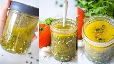 three different shots of jars filled with food and garnished with herbs, sitting on a table