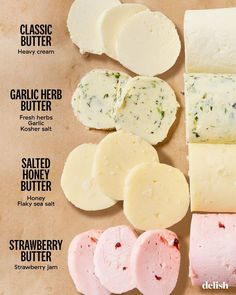 different types of cheeses on a cutting board with the words delish written below