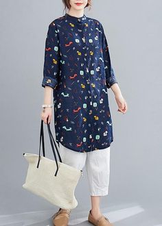 Elegant Stand Collar Spring Tunic Ppattern Work Outfits Blue Animal Design Shirts - Omychic Design Shirts, Work Outfits, Spring Dresses, Animal Design, Stand Collar, Work Outfit, Tunic Tops, Shirt Designs, Loose Fitting