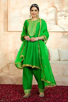 Green short anarkali with floral pattern gota embroidery. Comes with matching salwar and dupatta. - Aza Fashions Designer Lawn Suit With Mirror Work For Eid, Eid Designer Lawn Suit With Mirror Work, Festive Designer Lawn Suit With Dabka Work, Designer Festival Lawn Suit With Dabka Work, Unstitched Lawn Suit With Traditional Drape For Festive Occasions, Festive Dola Silk Lawn Suit With Resham Embroidery, Festive Designer Lawn Suit With Resham Embroidery, Festive Lawn Suit With Resham Embroidery In Dola Silk, Festive Chinon Lawn Suit With Mirror Work