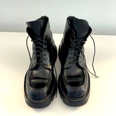 Mens Black Prada Boots In Perfect Condition Great For Winter 7.5 Us European 38 Black Calf Leather Shoes With Square Toe, Black Leather Shoes With Lug Sole For Business, Black Square Toe Leather Shoes In Calf Leather, Black Square Toe Calf Leather Shoes, Black Moc Toe Work Boots With Lug Sole, Black Plain Toe Work Boots With Lug Sole, Black Work Boots With Lug Sole And Plain Toe, Black Moc Toe Boots With Lug Sole, Black High-top Formal Work Boots