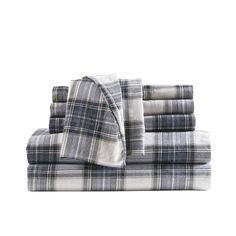 the plaid sheet set is shown in grey and white