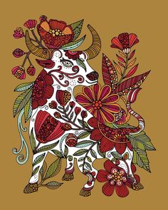 a cow with flowers and leaves on it's back, painted in brown background