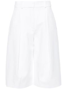 white crepe texture tailored design belt loops two side slash pockets front pleat detailing below-knee length rear welt pocket wide leg full lining concealed front button, hook and zip fastening Virgo Rising, White Highlights, Wardrobe Edit, Yoko London, Tailored Shorts, City Dress, Tailored Design, Shorts White, Summer Beach Wear