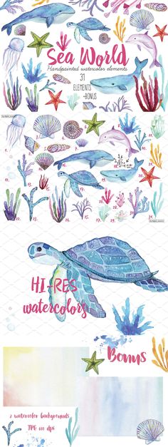 an ocean scene with sea animals and corals in watercolor on paper, including the words