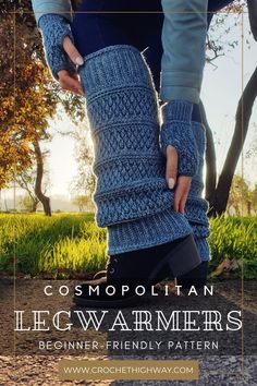 a woman in blue sweater and leg warmers with text overlay that reads, cosmoplian legwarmers beginner - friendly pattern