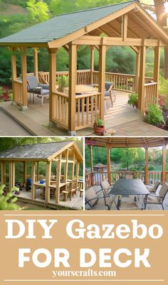 an outdoor gazebo with the words diy gazebo for deck on top and below