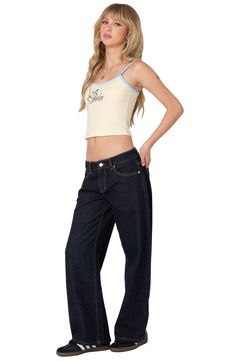 Low-slung jeans are crafted with puddling hems from nonstretch denim and turned to a dark-indigo wash. Zip fly with button closure Five-pocket style 100% cotton Machine wash, dry flat Imported Cotton Flare Jeans With Contrast Stitching, Cropped Leg, Spring Flare Jeans In Dark Wash With Contrast Stitching, Casual Cropped Straight Leg Jeans With Contrast Stitching, Spring Flare Jeans With Contrast Stitching In Dark Wash, Spring Dark Wash Flare Jeans With Contrast Stitching, Casual Cropped Jeans With Contrast Stitching, Casual High Rise Cropped Jeans With Contrast Stitching, Dark Wash Cotton Cropped Cutoff Jeans, Dark Wash Cotton Cutoff Cropped Jeans