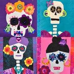 three colorful paper collages with skulls and flowers on them