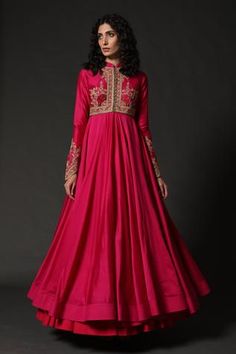 Fuchsia layered anarkali with floral embroidered motifs and front potli placket. Paired with churidar and dupatta.
Component: 3
Pattern: Embroidered
Type Of Work: Floral
Neckline: Mandarin
Sleeve Type: Full Sleeves
Fabric: Chanderi, Lining: Cotton
Color: Pink
Other Details: 
Front potli placket
Floral motifs
Occasion: Sangeet - Aza Fashions Rohit Bal Collection, Ambani Wedding, Chanderi Anarkali, Aashni And Co, Anarkali Designs, Desi Dress, Indian Luxury, Chanderi Dupatta, Traditional Attires