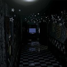 a dark hallway with stars on the ceiling and wallpapers all over the walls