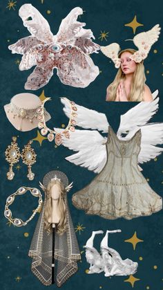 a collage of angel wings, dresses and accessories on a dark blue background with gold stars