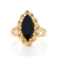 Size: 8 Sizing Fee: Up 3 sizes for $35 or Down 2 sizes for $25 Metal Content: 14k Yellow Gold Stone Information Natural Onyx Cut: Marquise Cabochon Color: Black Style: Cocktail Solitaire Features: Rope Twist Detailing Measurements Face Height (north to south): 13/16" (20.2mm) Rise Above Finger: 9/32" (6.6mm) Weight: 4.7 Grams Stamps: 14k, maker's mark Condition: Pre-Owned Onyx Colour, Rope Twist, Rise Above, La Face, Modern Ring, Gold Stone, Onyx Stone, Oval Cabochon, Modern Jewelry