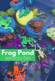 the frog pond is filled with plastic toys and water beads to make it look like they're swimming