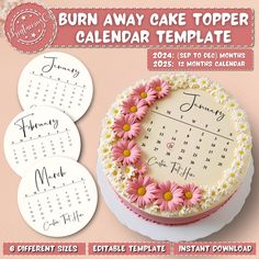 a calendar cake topper with pink daisies on it and the date for each month