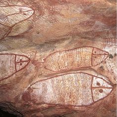 an image of some fish in the rock art style that looks like it has been painted on