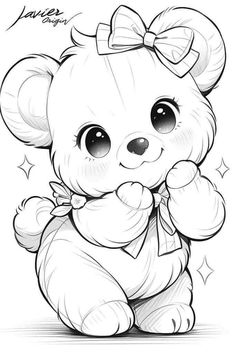 a drawing of a teddy bear with a bow on it's head and eyes