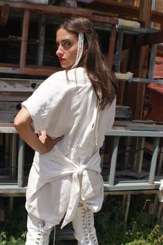 "White Linen Jumpsuit With Avant Garde \"Crying Eyes\" Measurement: waist-28''-30'' ( adjustable), hips-41'', inseam- 28'' Fits size S-L 100% linen Vintage from the early 1990s Revamped by ULTRA-CAT in California" Summer Cotton Jumpsuits And Rompers With Belt Loops, White Fitted Jumpsuit With Tie Back, Fitted White Jumpsuit With Tie Back, Fitted Cotton Belted Jumpsuits And Rompers, White Fitted Linen Jumpsuit, White Fitted Jumpsuits And Rompers With Tie Waist, Fitted White Jumpsuits And Rompers With Tie Waist, White Fitted Jumpsuit With Tie Waist, White Linen Jumpsuit