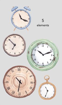 four different clocks are shown with the time on each one and five minutes left to go