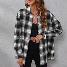 Flannel Brown Plaid Oversized Look S 4 M 6 L 8/10 Xl 12 Black Checks Shirt Outfit, Women In Flannel Shirts, Black And White Checks Shirt, Checkers Shirt Outfit, Black And White Checkered Shirt Outfit, Checked Shirts Women Outfit, Black And White Check Shirt Outfit Women, Black White Flannel Outfit, White And Black Flannel Outfits