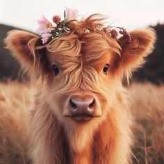 a brown cow with a flower crown on it's head