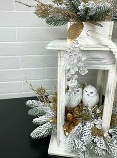 two owls are sitting in a white lantern surrounded by pine cones and evergreen branches with gold accents