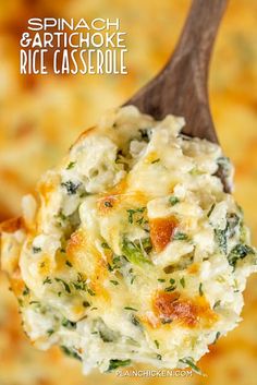 spinach and artichoke rice casserole on a wooden spoon with text overlay