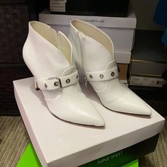 Brand New Never Been Worn Nine West White Ankle Boots Spring Pointed Toe Boots With Buckle Closure, Trendy Pointed Toe Booties With Buckle Closure, Pointed Toe Booties With Buckle Closure, White Ankle Strap Boots For Spring, Spring High Heel Booties With Buckle Closure, White Leather Boots With Ankle Strap, Black Wedge Ankle Boots, Leopard Ankle Boots, Black Leather Chelsea Boots