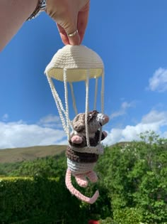 a person is holding a stuffed animal in a small toy hanging from a string attached to a rope